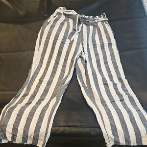 Striped Wide-Leg Tie-Waist Pants - White & Gray